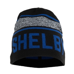 Black Shelby Beanie with Blue and Grey Stripes