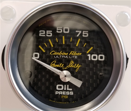 Shelby Carbon Fiber Oil Pressure Gauges 2 5/8" 0-100 PSI.