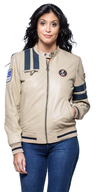Shelby Ladies Cobra Sheepskin Leather Jacket- Ivory/ Blue