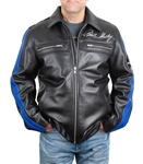 Black Leather Jacket with Blue Racing Stripes