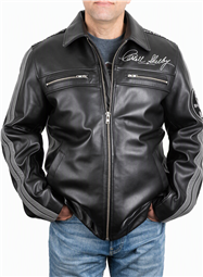 Black Leather Jacket with Grey Racing Stripes