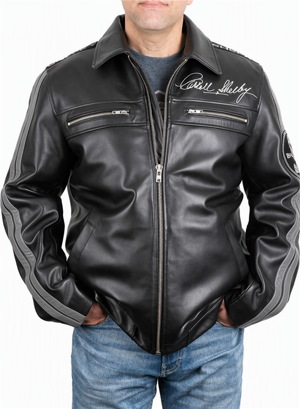 Black Leather Jacket with Grey Racing Stripes
