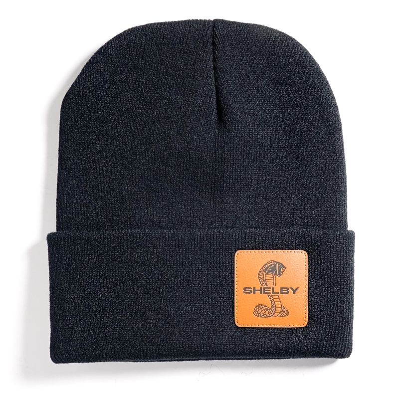 Shelby Black Leather Patch Beanie