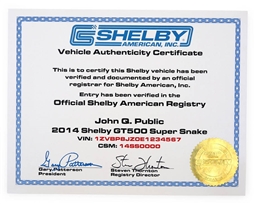 1983-2026 Shelby Registry Vehicle Authenticity Certificate